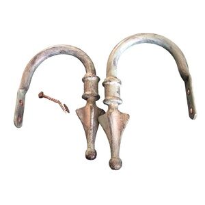 Vintage Green Distressed Cast Iron Drapery Tieback Set Steampunk Finials VTG